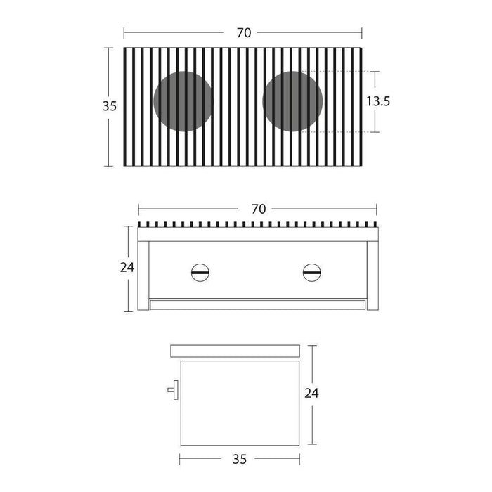 INMEZA 2QFi Parrilla Frontal Línea Comercial 2 Quemadores 70 x 35 cm Parrillas a Gas INMEZA 