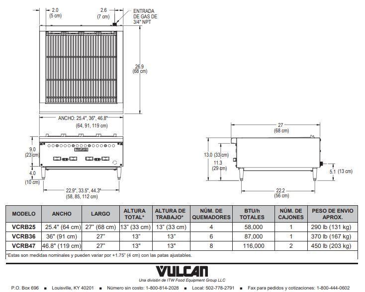 VULCAN VCRB25-1 Asador a Gas. 64 cm Para Trabajo Pesado