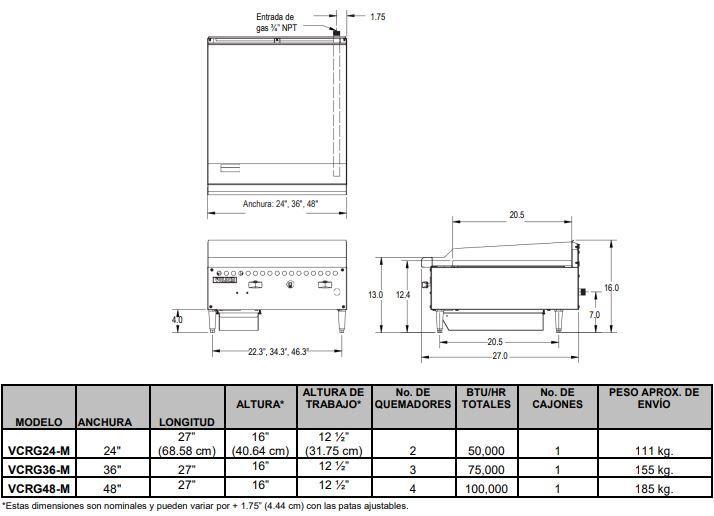 VULCAN / HOBART VCRG24 Plancha Gruesa de Acero Pulido de Gas 60.96cm x 52.07cm